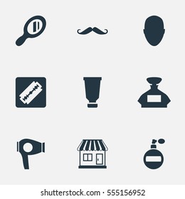 Set Of 9 Simple Beautician Icons. Can Be Found Such Elements As Bottle, Scent, Supermarket And Other.