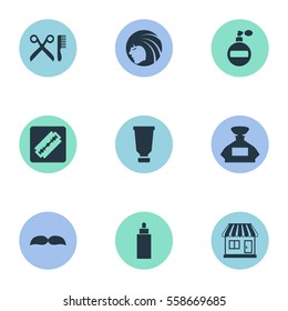 Set Of 9 Simple Beautician Icons. Can Be Found Such Elements As Bottle, Shaver, Container And Other.