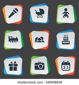 Set Of 9 Simple Birthday Icons. Can Be Found Such Elements As Special Day, Domestic, Train And Other.