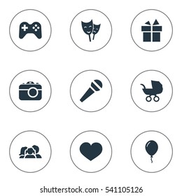 Set Of 9 Simple Birthday Icons. Can Be Found Such Elements As Aerostat, Baby Carriage, Mask And Other.
