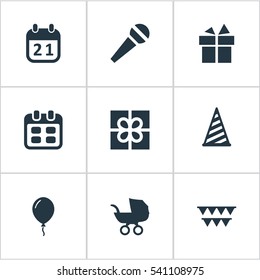 Set Of 9 Simple Birthday Icons. Can Be Found Such Elements As Ribbon, Speech, Days And Other.