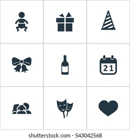 Set Of 9 Simple Birthday Icons. Can Be Found Such Elements As Ribbon, Cap, Beverage And Other.
