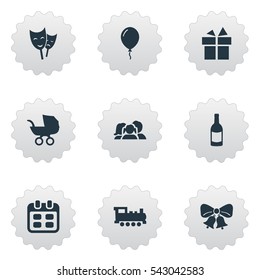 Set Of 9 Simple Birthday Icons. Can Be Found Such Elements As Ribbon, Baby Carriage, Mask And Other.