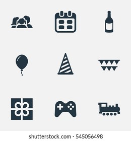 Set Of 9 Simple Birthday Icons. Can Be Found Such Elements As Game, Train, Aerostat And Other.