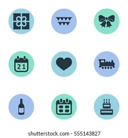 Set Of 9 Simple Birthday Icons. Can Be Found Such Elements As Beverage, Soul, Box And Other.