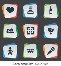 Set Of 9 Simple Birthday Icons. Can Be Found Such Elements As Beverage, Infant, Decorations; And Other.