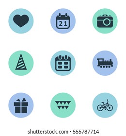 Set Of 9 Simple Birthday Icons. Can Be Found Such Elements As Ribbon, Decorations;, Camera And Other.