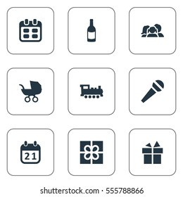 Set Of 9 Simple Birthday Icons. Can Be Found Such Elements As Train, Box, Domestic And Other.