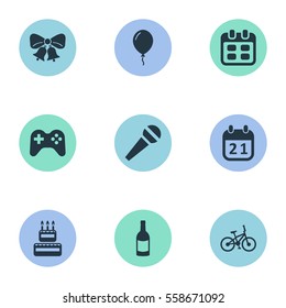 Set Of 9 Simple Birthday Icons. Can Be Found Such Elements As Special Day, Aerostat, Resonate And Other.