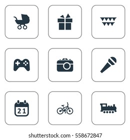 Set Of 9 Simple Birthday Icons. Can Be Found Such Elements As Bicycle, Ribbon, Train And Other.