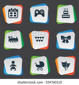 Set Of 9 Simple Birthday Icons. Can Be Found Such Elements As Mask, Days, Decorations; And Other.