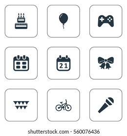 Set Of 9 Simple Birthday Icons. Can Be Found Such Elements As Special Day, Bicycle, Resonate And Other.