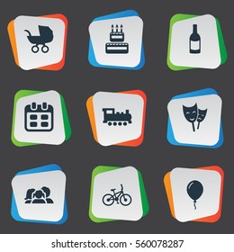 Set Of 9 Simple Birthday Icons. Can Be Found Such Elements As Beverage, Mask, Confectionery And Other.