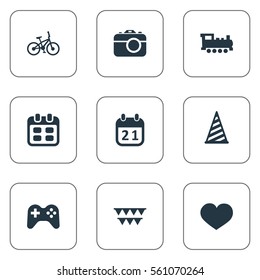 Set Of 9 Simple Birthday Icons. Can Be Found Such Elements As Days, Decorations;, Bicycle And Other.