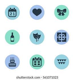Set Of 9 Simple Birthday Icons. Can Be Found Such Elements As Confectionery, Days, Mask And Other.