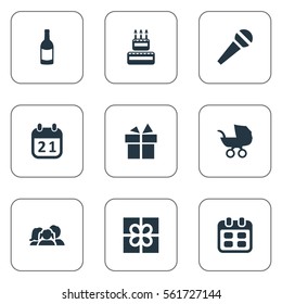 Set Of 9 Simple Birthday Icons. Can Be Found Such Elements As Special Day, Days, Ribbon And Other.