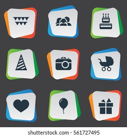 Set Of 9 Simple Birthday Icons. Can Be Found Such Elements As Baby Carriage, Cap, Ribbon And Other.