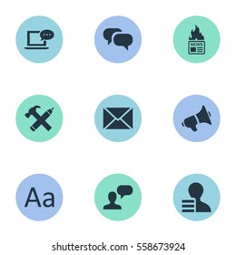 Set Of 9 Simple Blogging Icons. Can Be Found Such Elements As Gossip, Repair, Gazette And Other.