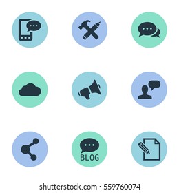 Set Of 9 Simple Blogging Icons. Can Be Found Such Elements As Loudspeaker, Document, Site And Other.