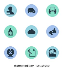 Set Of 9 Simple Blogging Icons. Can Be Found Such Elements As International Businessman, Argument, Gain And Other.