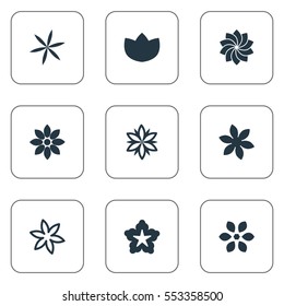 Set Of 9 Simple Blossom Icons. Can Be Found Such Elements As Peony, Narcissus, Helianthus And Other.