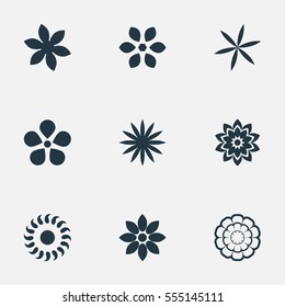 Set Of 9 Simple Blossom Icons. Can Be Found Such Elements As Helianthus, Orchids, Saffron And Other.