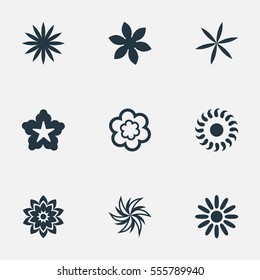 Set Of 9 Simple Blossom Icons. Can Be Found Such Elements As Cypress, Saffron, Camomile And Other.