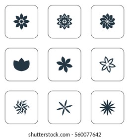 Set Of 9 Simple Blossom Icons. Can Be Found Such Elements As Peony, Crocus, Helianthus And Other.