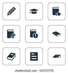Set Of 9 Simple Books Icons. Can Be Found Such Elements As Tasklist, Notebook, Academic Cap And Other.