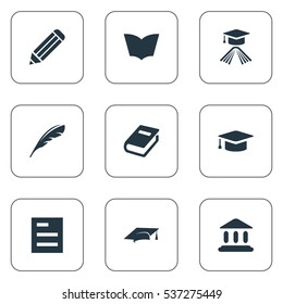 Set Of 9 Simple Books Icons. Can Be Found Such Elements As Academic Cap, Pen, Reading And Other.