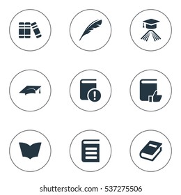 Set Of 9 Simple Books Icons. Can Be Found Such Elements As Bookshelf, Notebook, Plume And Other.