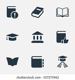 Set Of 9 Simple Books Icons. Can Be Found Such Elements As Recommended Reading, Graduation Hat, Important Reading And Other.