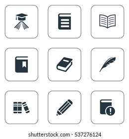 Set Of 9 Simple Books Icons. Can Be Found Such Elements As Book Page, Plume, Book Cover And Other.