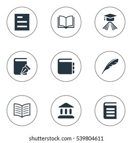 Set Of 9 Simple Books Icons. Can Be Found Such Elements As Graduation Hat, Tasklist, Library And Other.