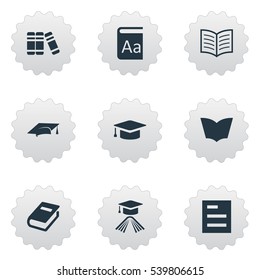 Set Of 9 Simple Books Icons. Can Be Found Such Elements As Academic Cap, Bookshelf, Book Page And Other.