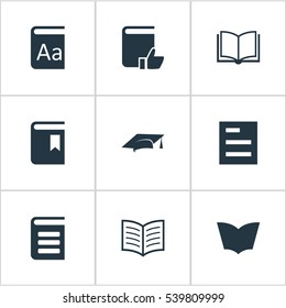 Set Of 9 Simple Books Icons. Can Be Found Such Elements As Academic Cap, Book Page, Recommended Reading And Other.