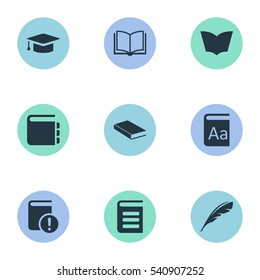 Set Of 9 Simple Books Icons. Can Be Found Such Elements As Blank Notebook, Important Reading, Plume And Other.