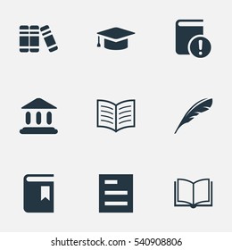 Set Of 9 Simple Books Icons. Can Be Found Such Elements As Library, Tasklist, Academic Cap And Other.