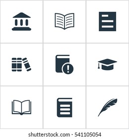 Set Of 9 Simple Books Icons. Can Be Found Such Elements As Plume, Academic Cap, Bookshelf And Other.