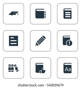 Set Of 9 Simple Books Icons. Can Be Found Such Elements As Encyclopedia, Alphabet, Bookshelf And Other.