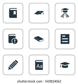 Set Of 9 Simple Books Icons. Can Be Found Such Elements As Book Cover, Academic Cap, Pen And Other.