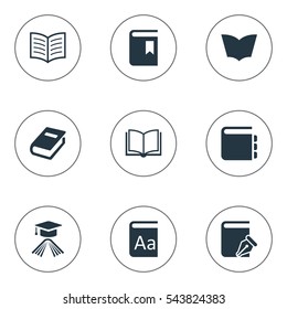 Set Of 9 Simple Books Icons. Can Be Found Such Elements As Blank Notebook, Journal, Alphabet And Other.