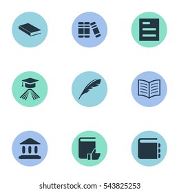 Set Of 9 Simple Books Icons. Can Be Found Such Elements As Library, Graduation Hat, Tasklist And Other.