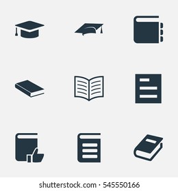 Set Of 9 Simple Books Icons. Can Be Found Such Elements As Academic Cap, Encyclopedia, Notebook And Other.