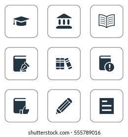 Set Of 9 Simple Books Icons. Can Be Found Such Elements As Library, Academic Cap, Pen And Other.