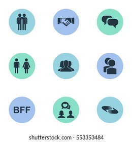 Set Of 9 Simple Buddies Icons. Can Be Found Such Elements As Friendship, Charity, Camaraderie And Other.