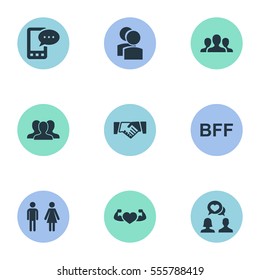 Set Of 9 Simple Buddies Icons. Can Be Found Such Elements As Bff, Online Talking, Bodybuilding And Other.