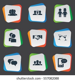 Set Of 9 Simple Buddies Icons. Can Be Found Such Elements As Ensemble, Beer, Gossip And Other.