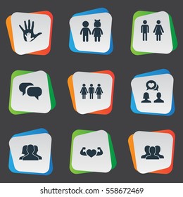 Set Of 9 Simple Buddies Icons. Can Be Found Such Elements As Ensemble, Children, Beloved And Other.