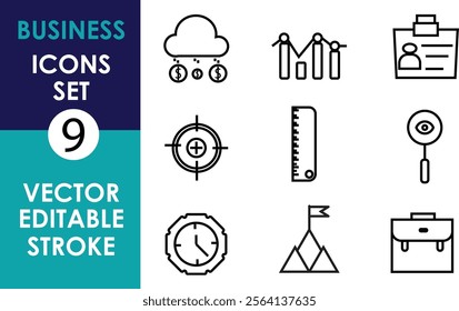 A set of 9 simple business icons in a minimal editable stroke style, featuring finance, targets, graphs, tools, clock, ID, goal, and briefcase themes
